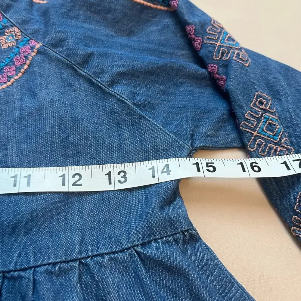 Wrangler Girls Embroidered Tiered Swing Denim Shirt Size Medium